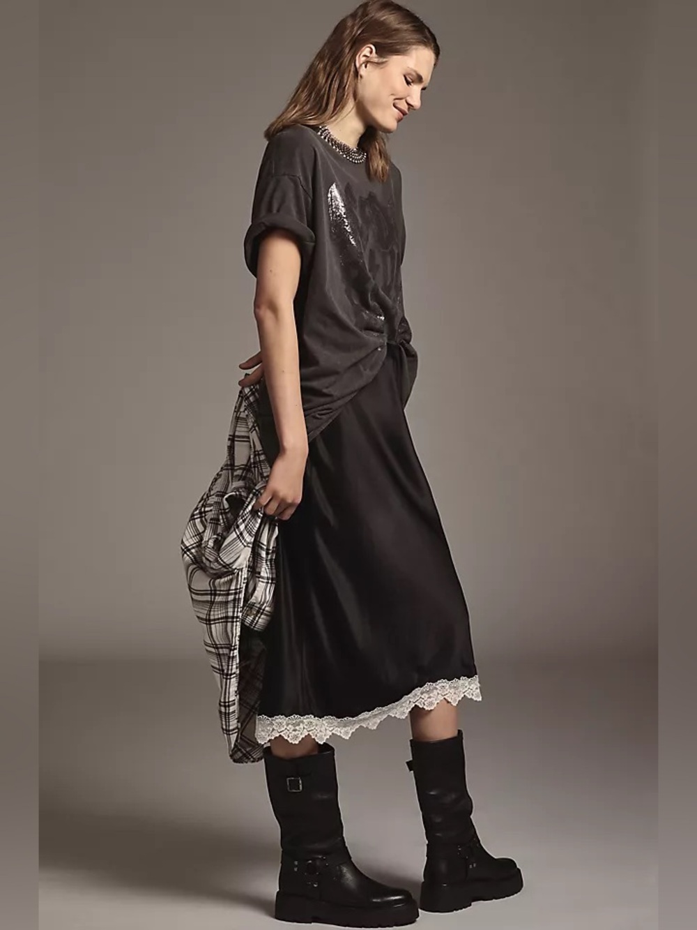 Anthropologie Black Satin Skirt with Elastic Waistband and lace trim